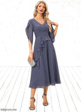 Ivy A-line V-Neck Tea-Length Chiffon Evening Dress With Pleated STFP0022234