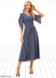 Ivy A-line V-Neck Tea-Length Chiffon Evening Dress With Pleated STFP0022234
