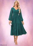 Ayana A-line V-Neck Tea-Length Chiffon Evening Dress With Pleated STFP0022249
