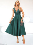 Samantha A-line V-Neck Tea-Length Lace Satin Evening Dress With Sequins STFP0022270