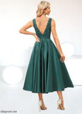 Samantha A-line V-Neck Tea-Length Lace Satin Evening Dress With Sequins STFP0022270