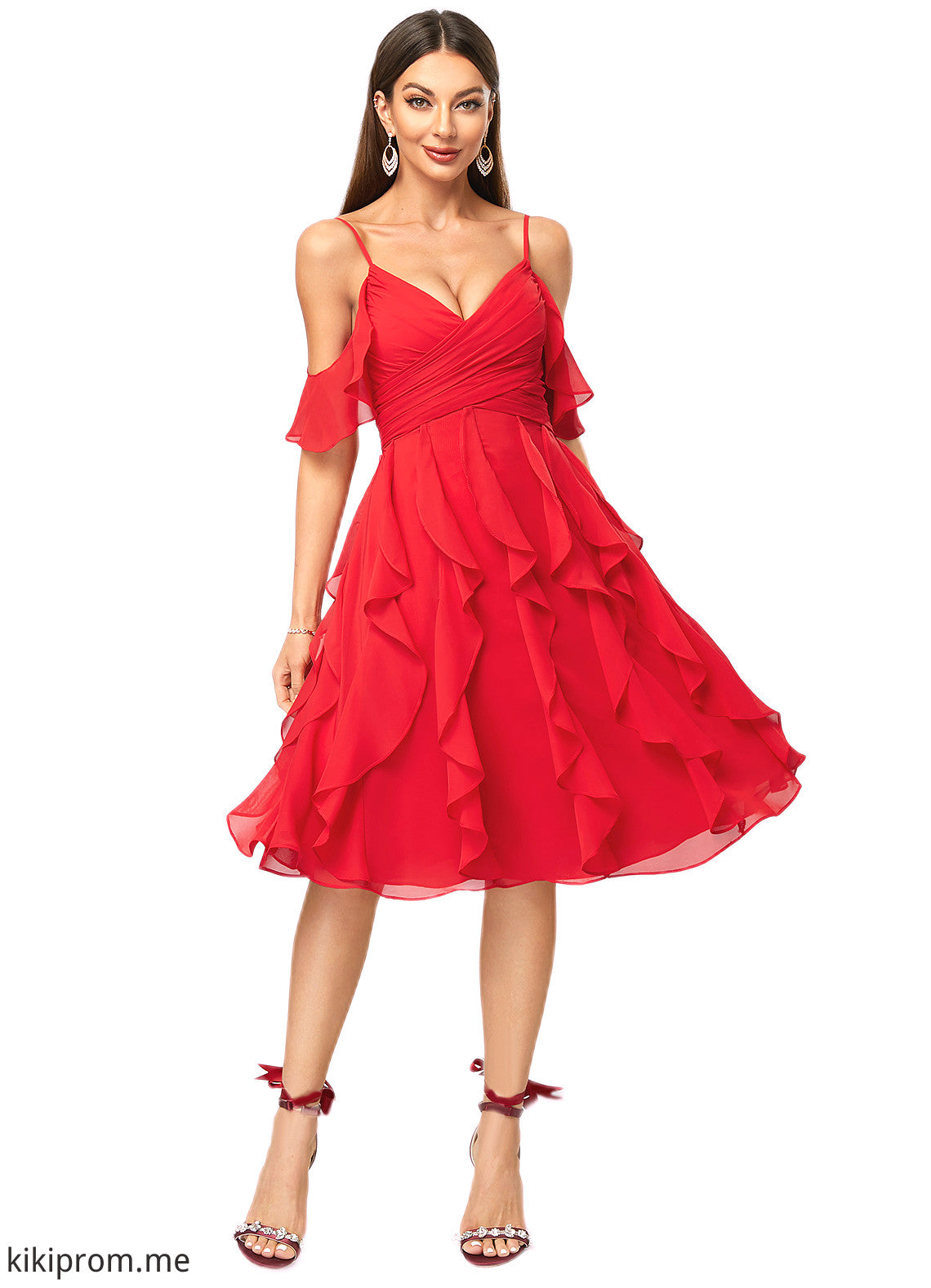 Yasmin A-line Cold Shoulder Knee-Length Chiffon Cocktail Dress With Cascading Ruffles STFP0022513