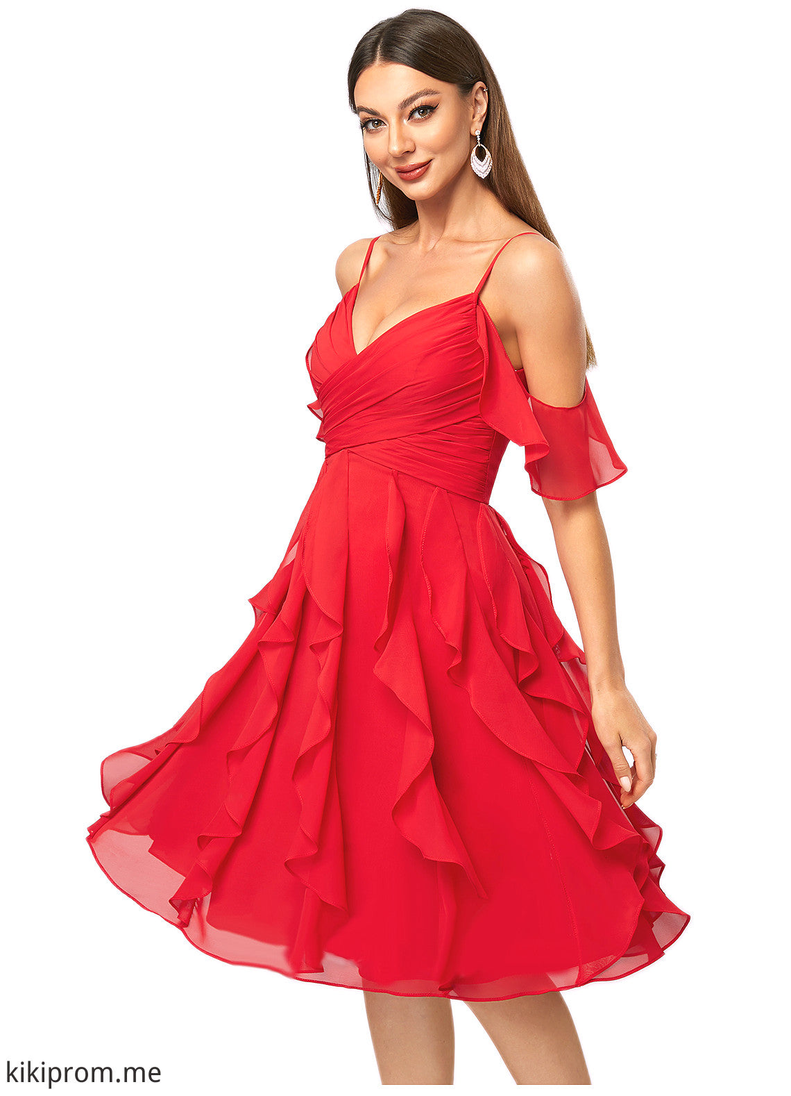 Yasmin A-line Cold Shoulder Knee-Length Chiffon Cocktail Dress With Cascading Ruffles STFP0022513