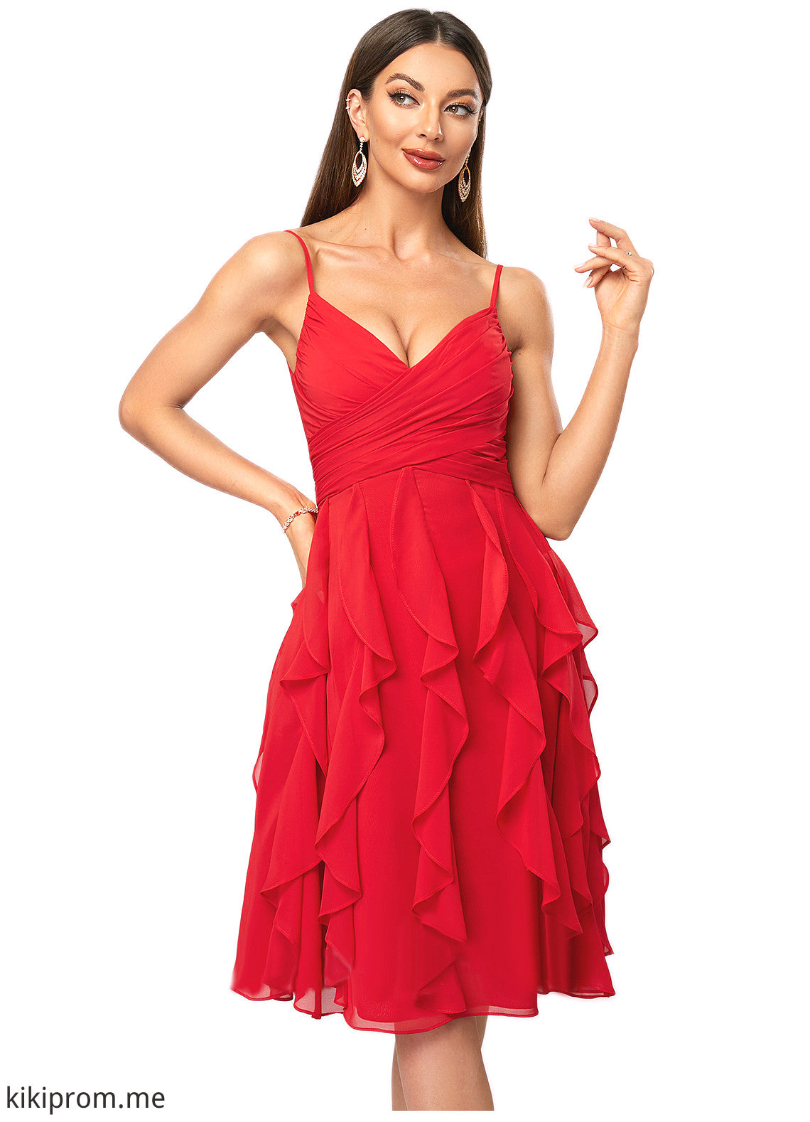 Yasmin A-line Cold Shoulder Knee-Length Chiffon Cocktail Dress With Cascading Ruffles STFP0022513