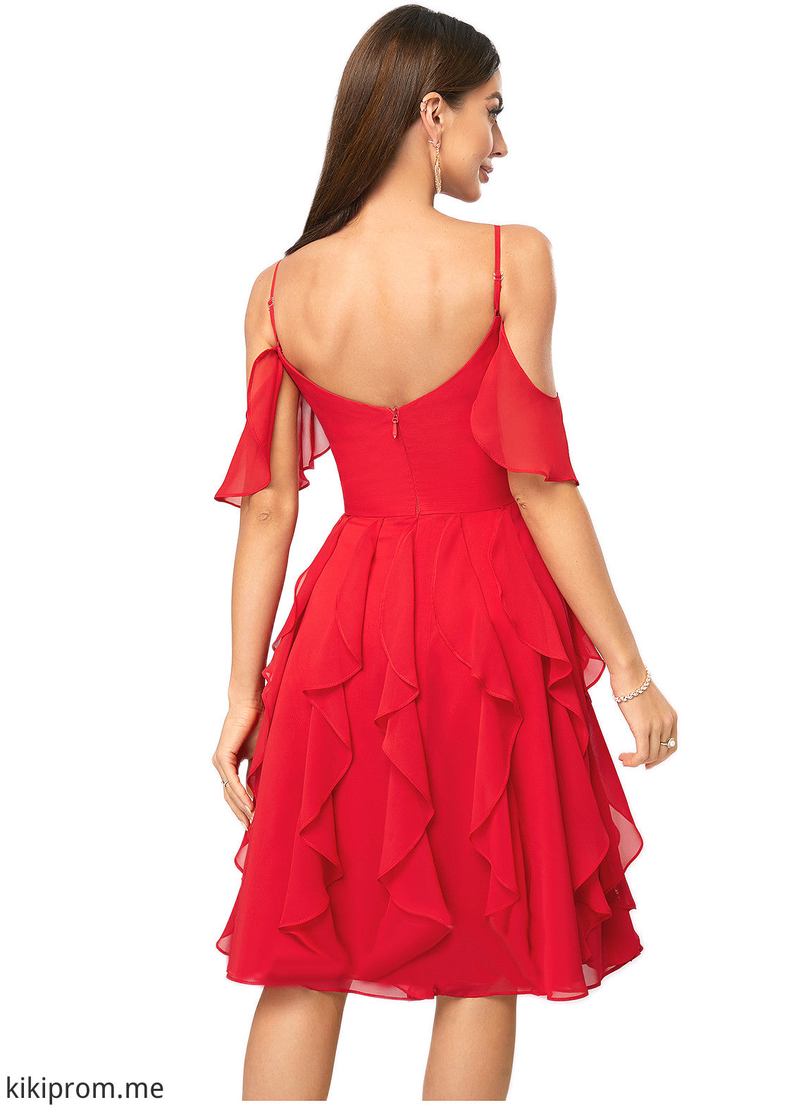 Yasmin A-line Cold Shoulder Knee-Length Chiffon Cocktail Dress With Cascading Ruffles STFP0022513