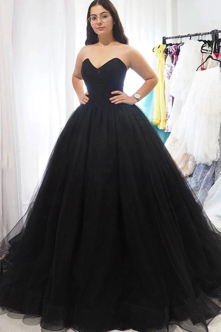 Sweetheart Tulle Ball Gown Black Formal Prom Dresses, Sleeveless Lace up Evening Dresses STF15442