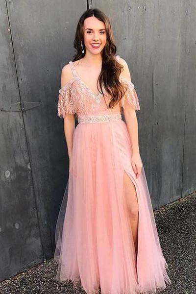 Pretty tulle lace V-neck slit off-shoulder long dress summer prom dresses