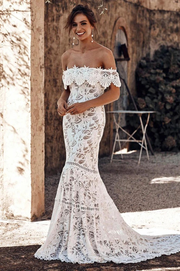 Elegant Off the Shoulder Ivory Lace Mermaid Beach Wedding Dress, Cheap Bridal Dress STF15188