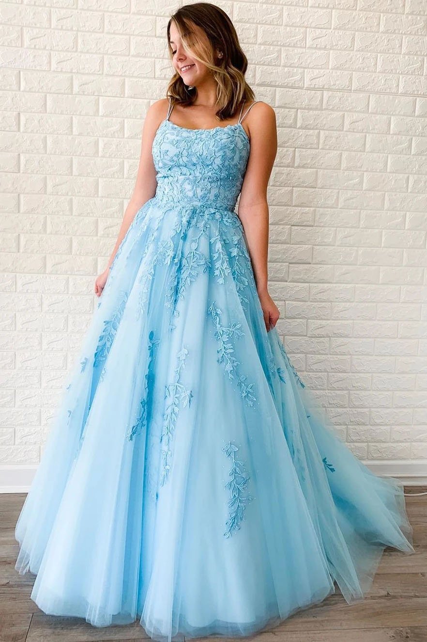 Unique A-Line Sky Blue Tulle Appliques Beads Scoop Prom Dresses with Lace STF15681