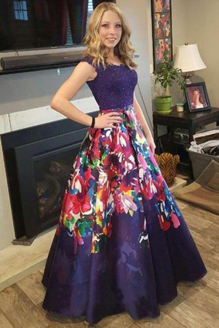 Elegant A Line Floral Satin Purple Prom Dresses with Lace, Long Dance Dresses STF15576