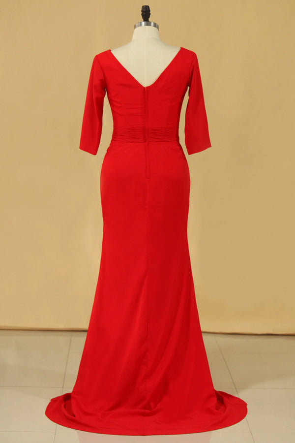 2024 Red Plus Size Mother Of The Bride Dresses V Neck 3/4 Length Sleeve Spandex With P1ZBBAAR