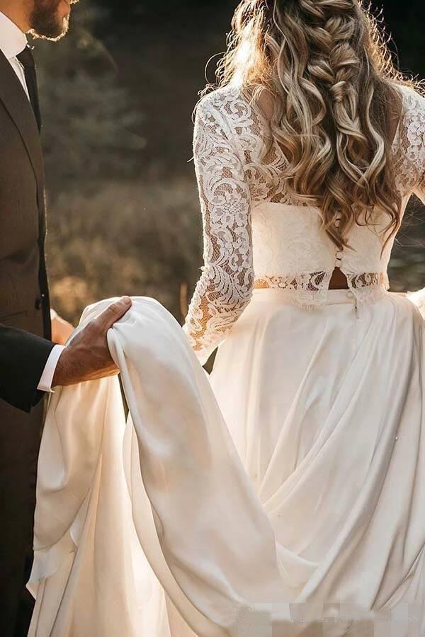 Long Sleeve Two Pieces Lace Round Neck Beach Wedding Dresses Chiffon Boho Bridal Gowns STF14979