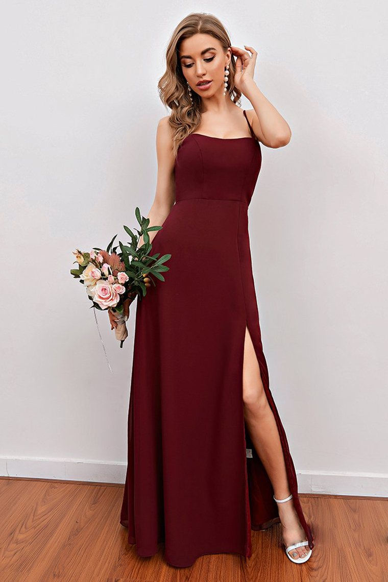 Burgundy Spaghetti Straps Long Bridesmaid Dress with Split