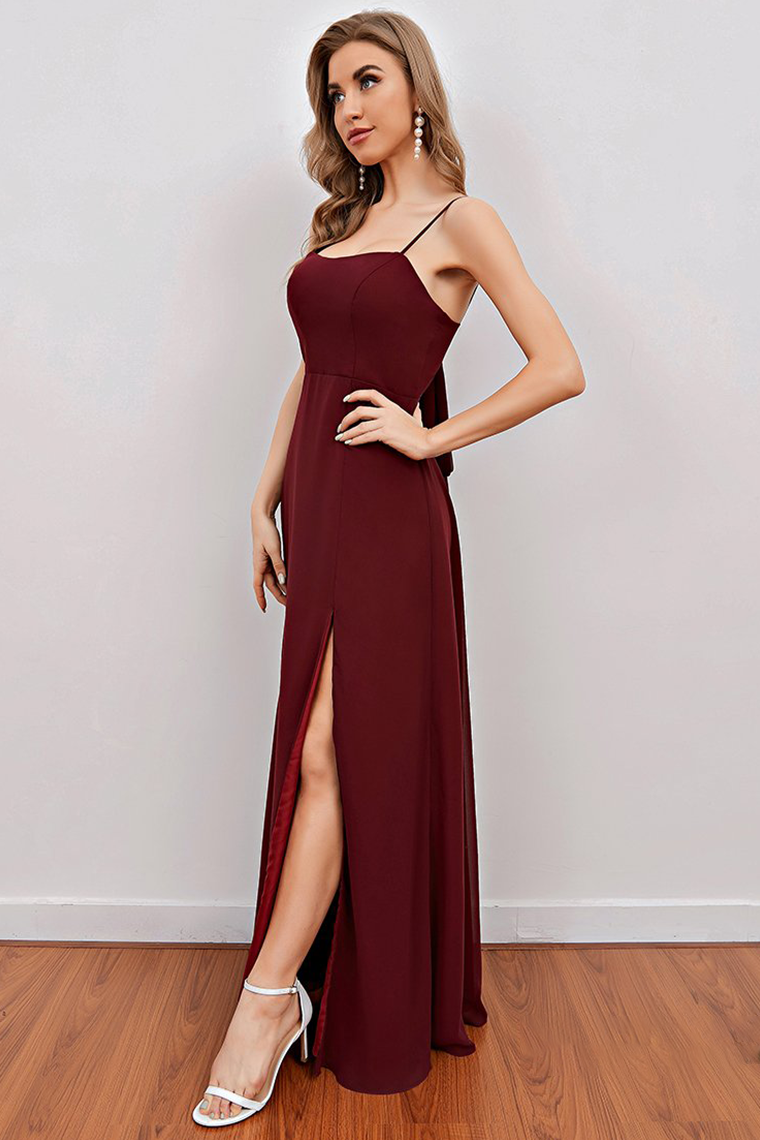 Burgundy Spaghetti Straps Long Bridesmaid Dress with Split