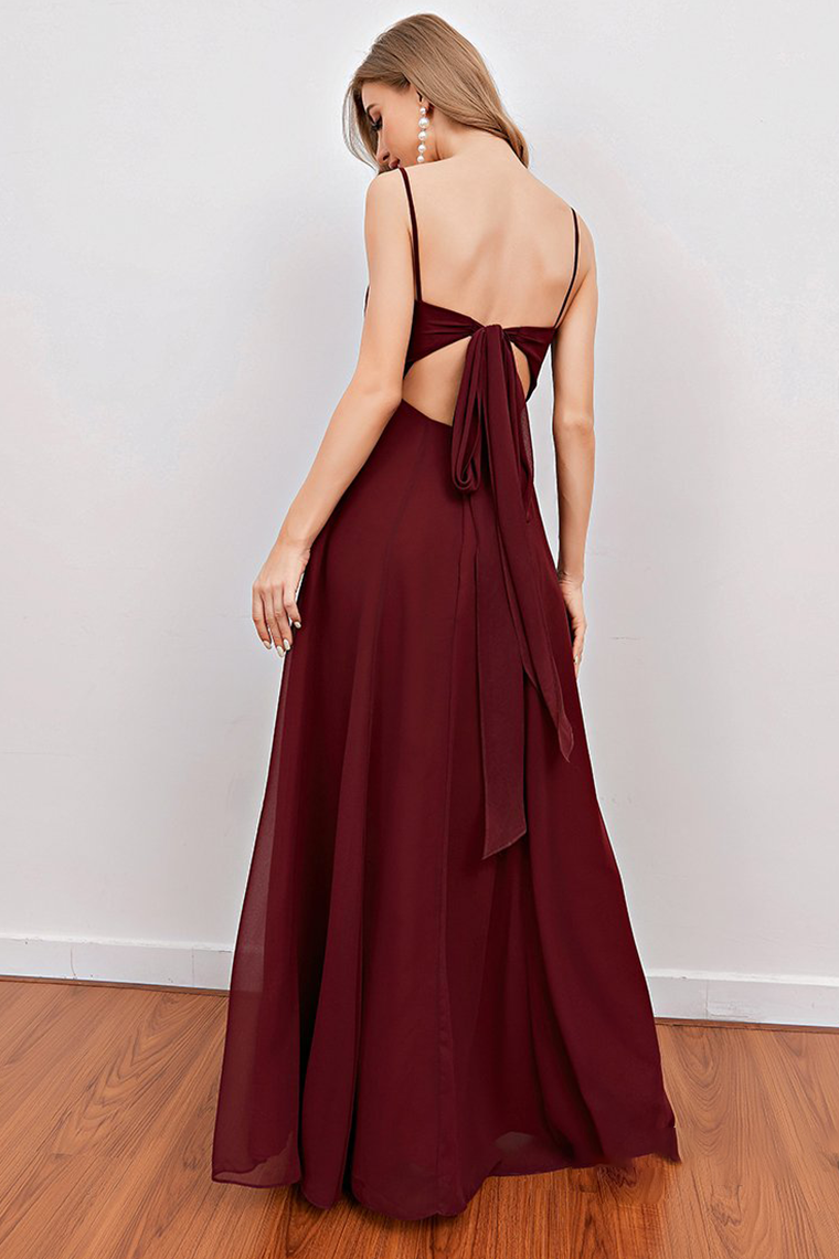 Burgundy Spaghetti Straps Long Bridesmaid Dress with Split