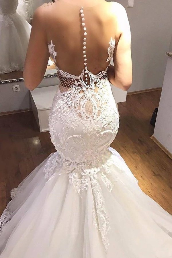 2024 Sexy Mermaid/Trumpet Wedding Dresses Scoop Tulle With P9HY4Z7Q