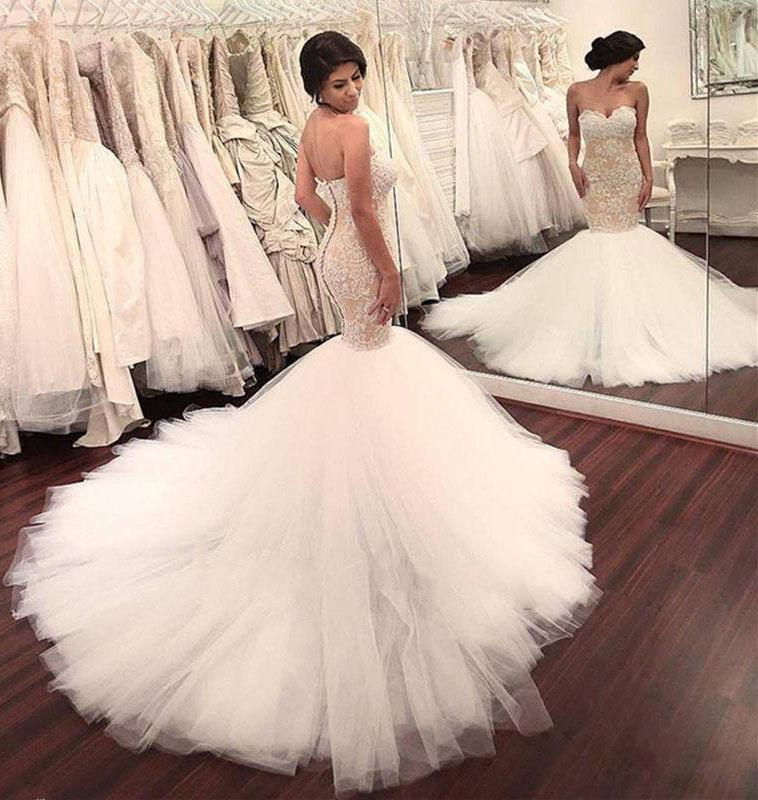 Stunning Mermaid Strapless Sweetheart Tulle Wedding Dresses with Appliques, Wedding Gowns STF15439