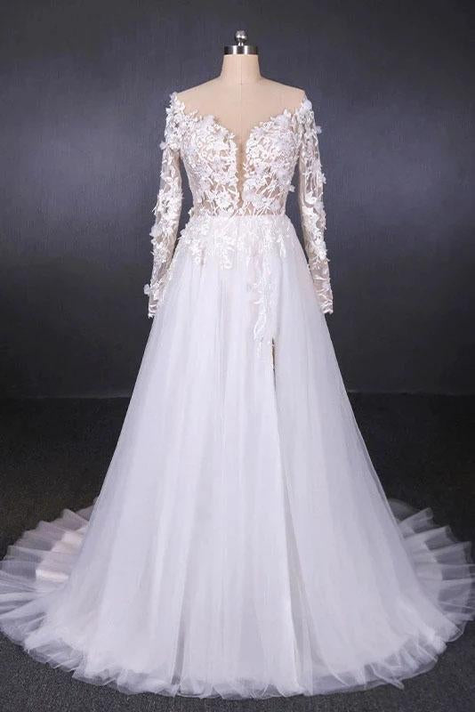 Long Sleeves White A-line Tulle Beach Wedding Dresses with Lace Appliques, Bridal Dress STF15255