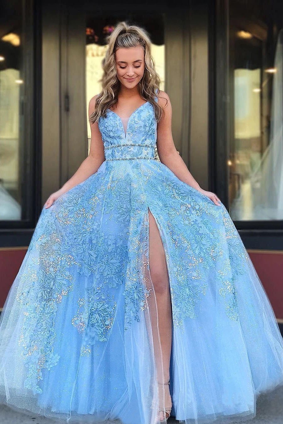 Elegant A Line Lace Appliques Blue V Neck Prom Dresses, Long Evening STF15635