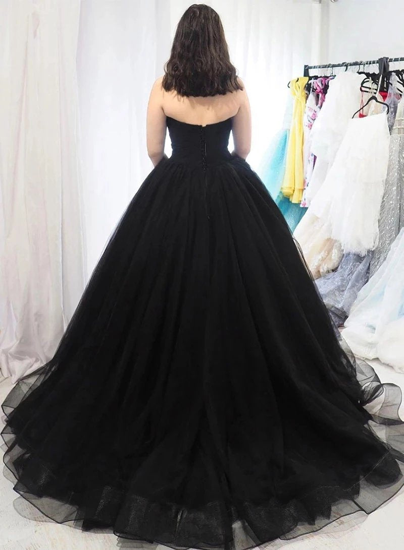 Sweetheart Tulle Ball Gown Black Formal Prom Dresses, Sleeveless Lace up Evening Dresses STF15442