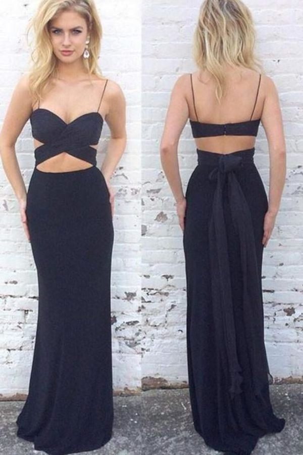 Simple Spaghetti Straps Long Sheath Black Prom Dresses Sexy PXKR8QEM