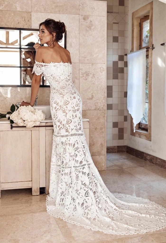 Elegant Off the Shoulder Ivory Lace Mermaid Beach Wedding Dress, Cheap Bridal Dress STF15188