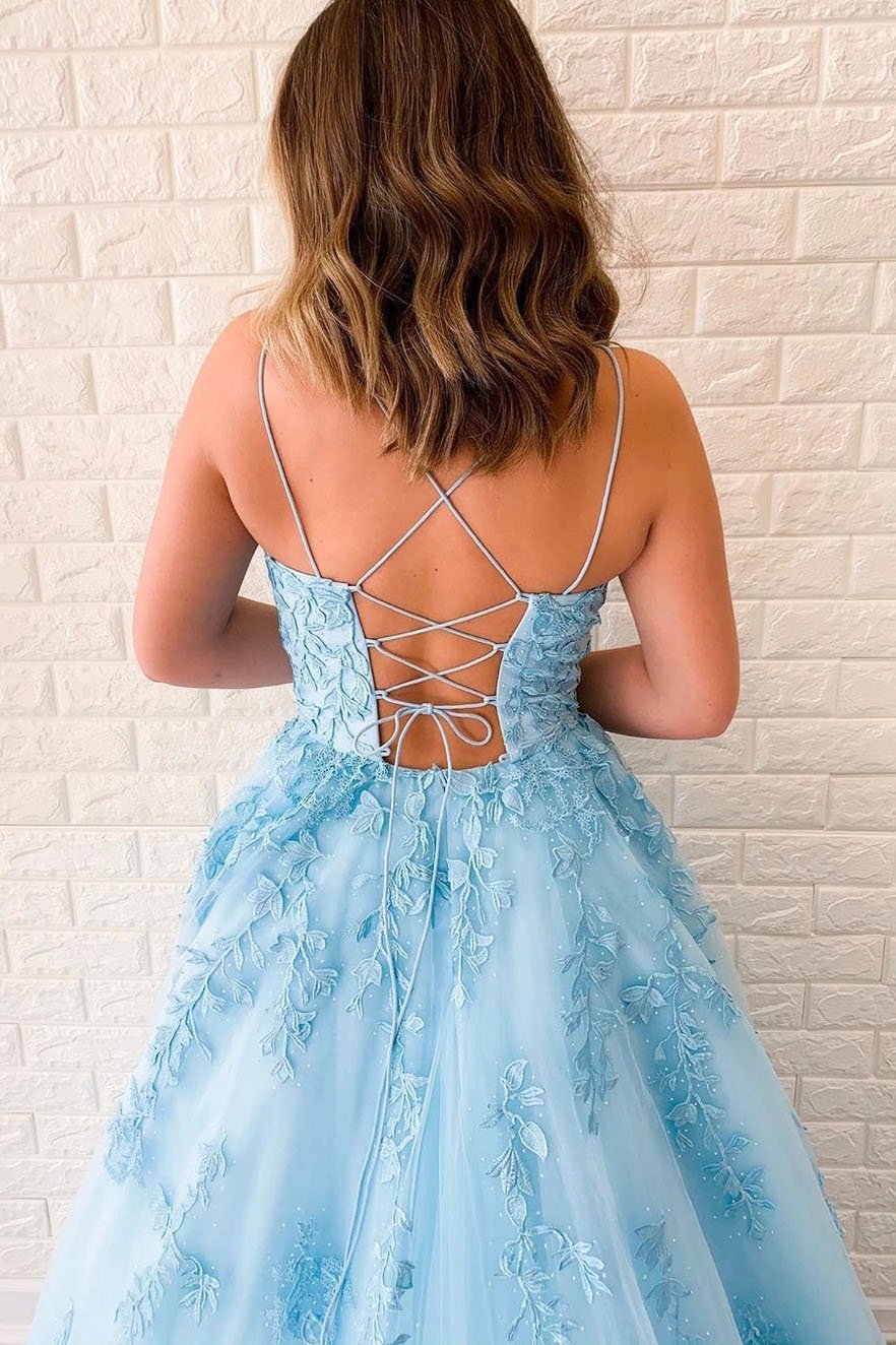 Unique A-Line Sky Blue Tulle Appliques Beads Scoop Prom Dresses with Lace STF15681