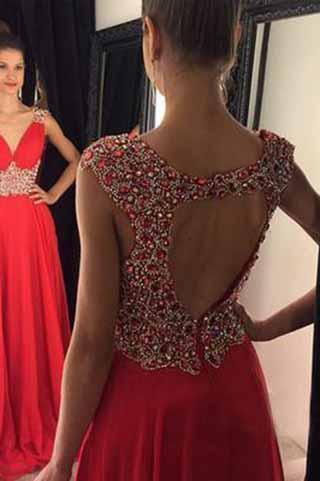 Open Back Red Chiffon V-Neck Cap Sleeve Lace A-Line Beads Prom Dresses