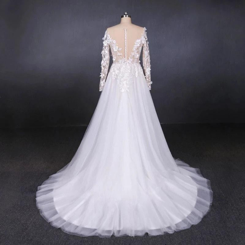 Long Sleeves White A-line Tulle Beach Wedding Dresses with Lace Appliques, Bridal Dress STF15255