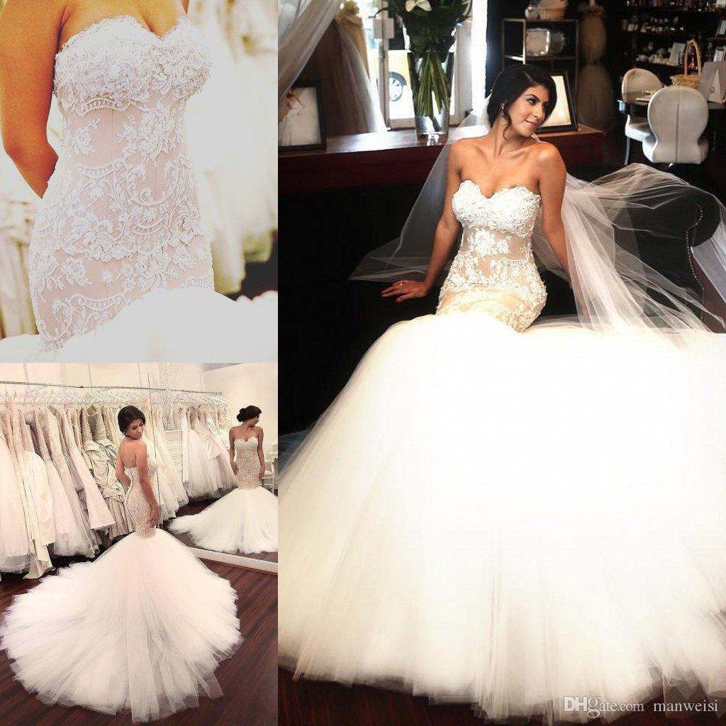 Stunning Mermaid Strapless Sweetheart Tulle Wedding Dresses with Appliques, Wedding Gowns STF15439