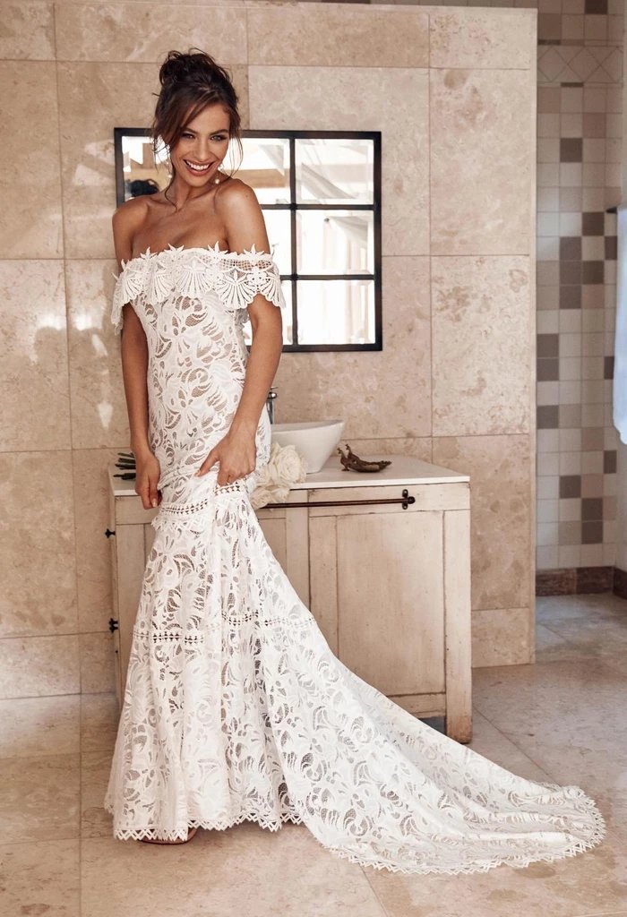 Elegant Off the Shoulder Ivory Lace Mermaid Beach Wedding Dress, Cheap Bridal Dress STF15188