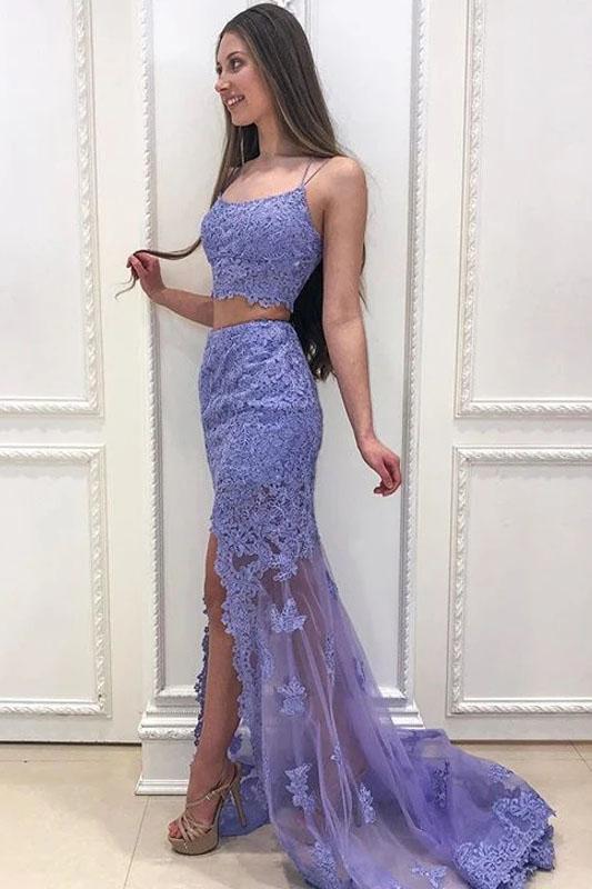 Elegant Two Pieces Mermaid Lilac Lace Slit Long Prom Dresses, Formal STF15645