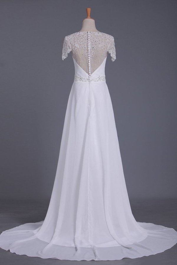 2024 Scoop Wedding Dresses Sheath With Beading Chiffon PAACNYFN