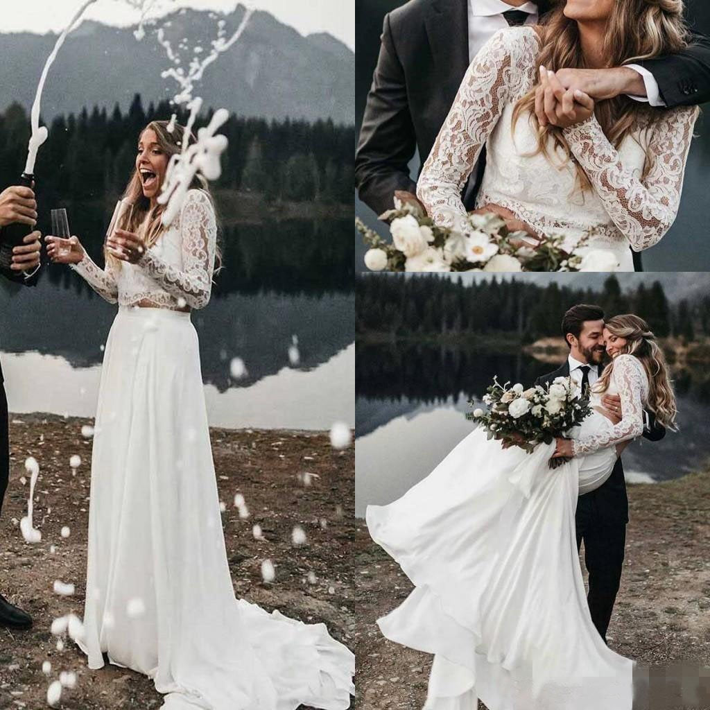 Long Sleeve Two Pieces Lace Round Neck Beach Wedding Dresses Chiffon Boho Bridal Gowns STF14979