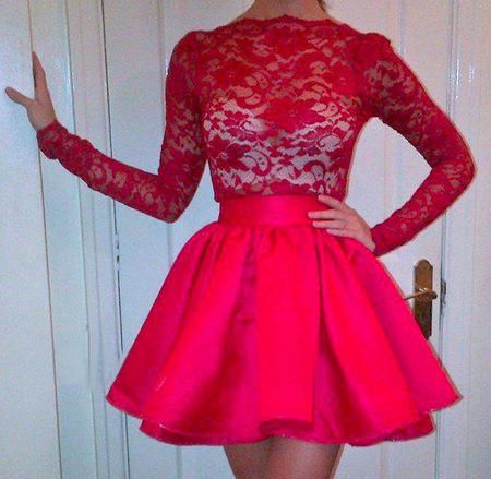 High Neckline Long Sleeves Red Lace Top Short Prom Dresses, Homecoming Dresses STF15237