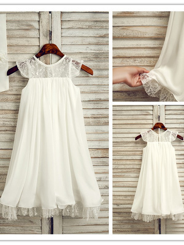 A-Line/Princess Chiffon Lace Scoop Sleeveless Tea-Length Flower Girl Dresses TPP0007518