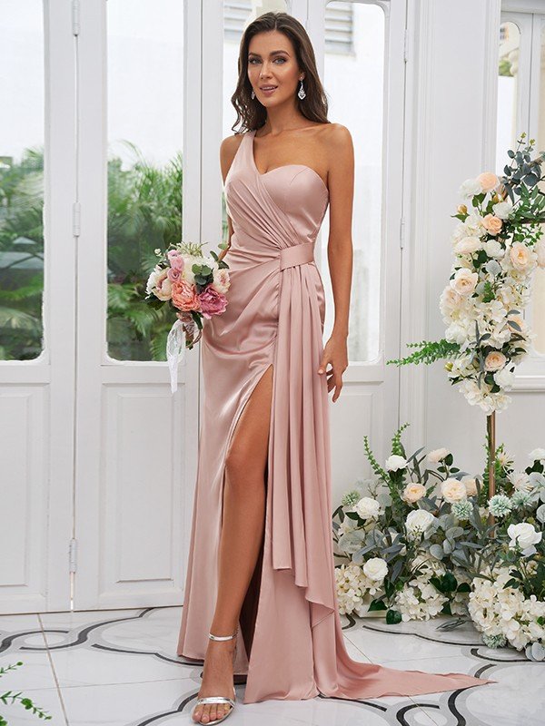 Sheath/Column Charmeuse Ruched One-Shoulder Sleeveless Floor-Length Bridesmaid Dresses TPP0004892