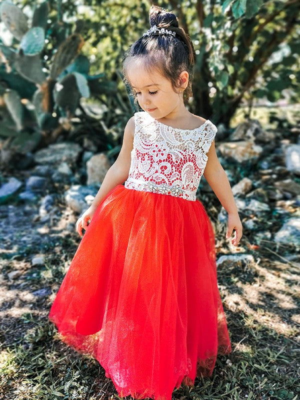 A-Line/Princess Tulle Lace Scoop Sleeveless Tea-Length Flower Girl Dresses TPP0007489