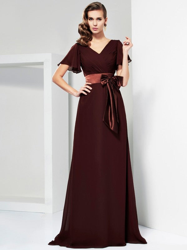 A-Line/Princess V-neck Short Sleeves Sash/Ribbon/Belt Long Chiffon Mother of the Bride Dresses TPP0007384