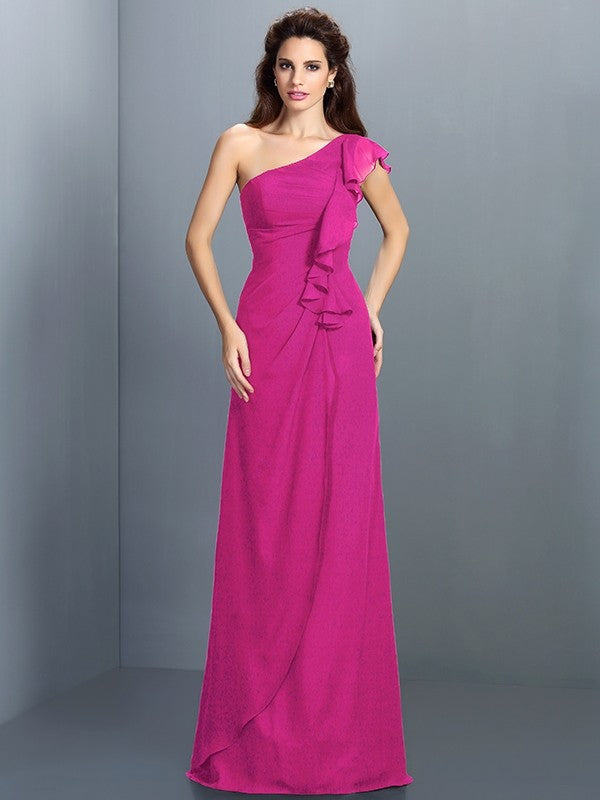 Sheath/Column One-Shoulder Pleats Sleeveless Long Chiffon Bridesmaid Dresses TPP0005351