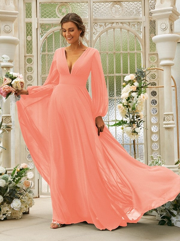 A-Line/Princess Chiffon Ruffles V-neck Long Sleeves Sweep/Brush Train Bridesmaid Dresses TPP0004894