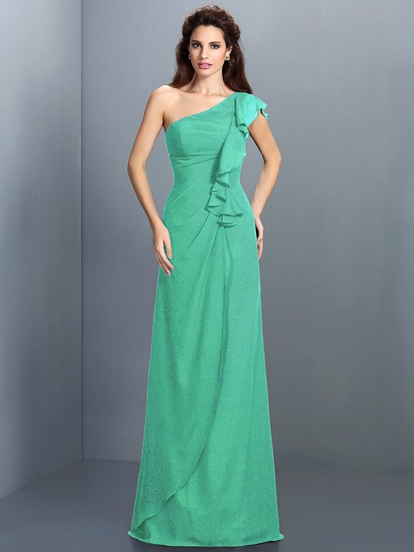 Sheath/Column One-Shoulder Pleats Sleeveless Long Chiffon Bridesmaid Dresses TPP0005351