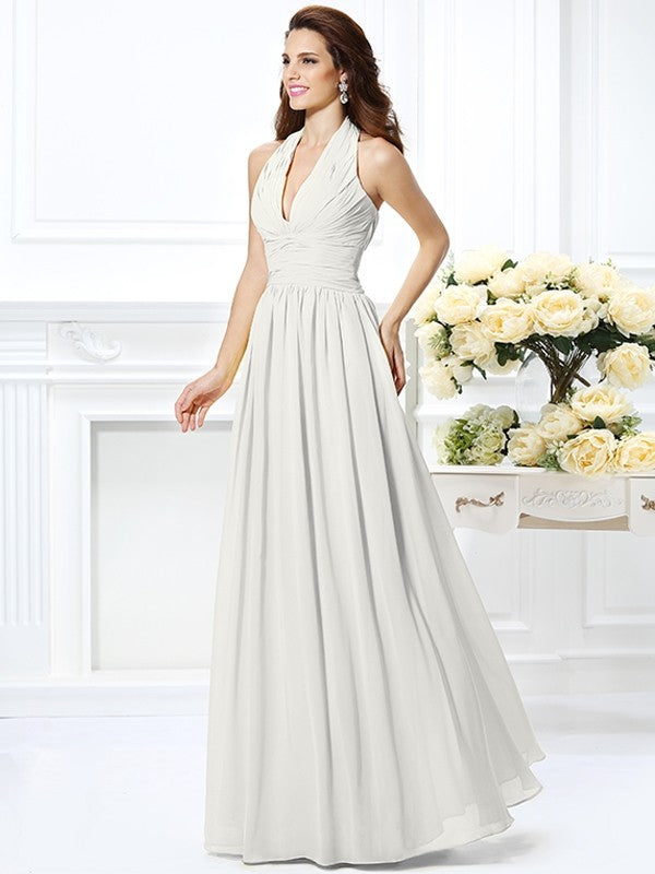 A-Line/Princess Halter Pleats Sleeveless Long Chiffon Bridesmaid Dresses TPP0002801