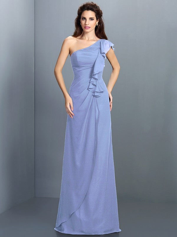 Sheath/Column One-Shoulder Pleats Sleeveless Long Chiffon Bridesmaid Dresses TPP0005351