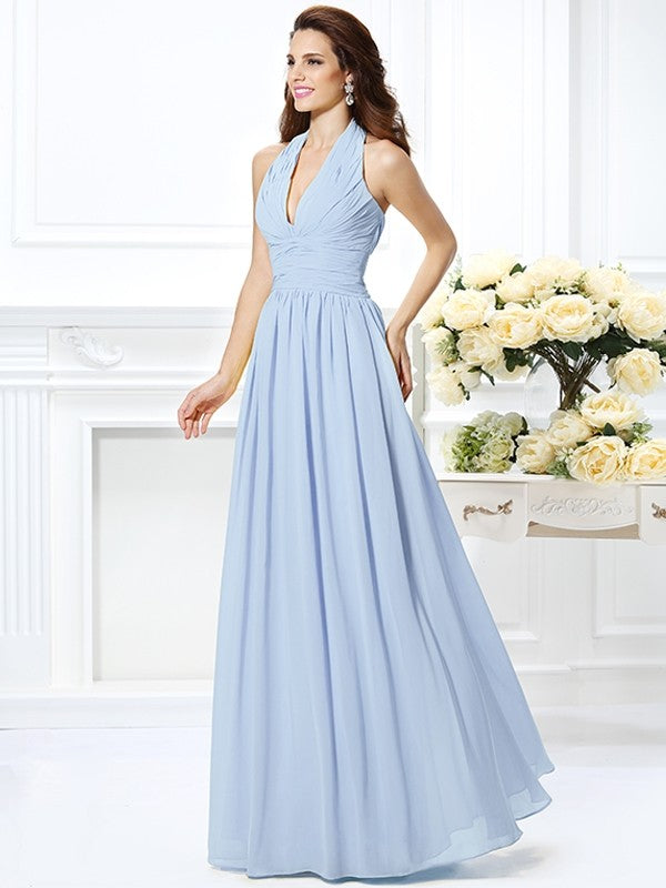 A-Line/Princess Halter Pleats Sleeveless Long Chiffon Bridesmaid Dresses TPP0002801