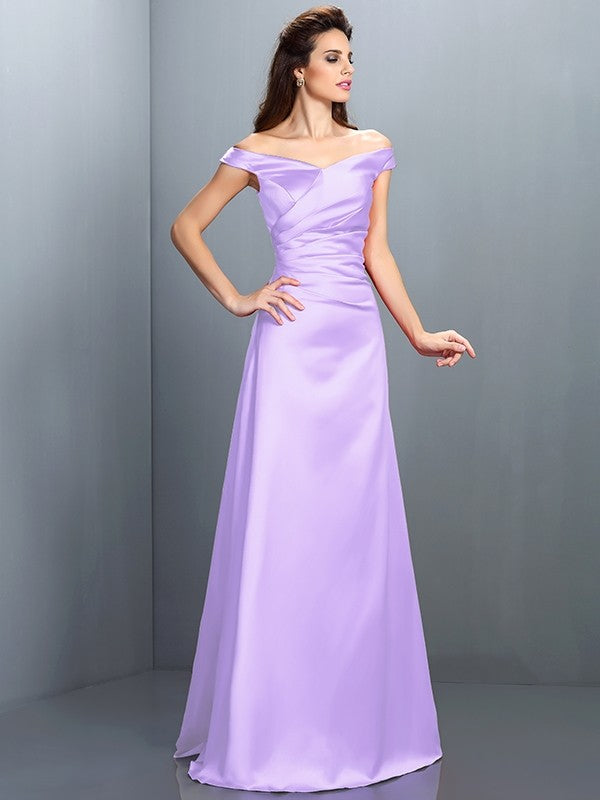 Sheath/Column Off-the-Shoulder Sleeveless Long Satin Bridesmaid Dresses TPP0005332