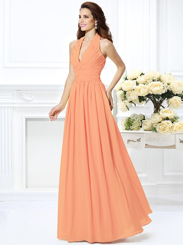 A-Line/Princess Halter Pleats Sleeveless Long Chiffon Bridesmaid Dresses TPP0002801