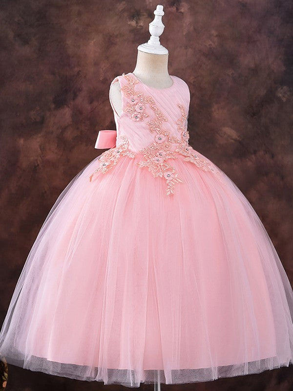 Ball Gown Tulle Applique Scoop Sleeveless Ankle-Length Flower Girl Dresses TPP0007517