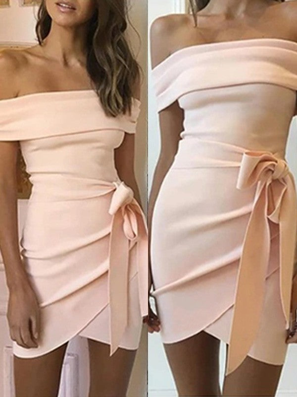 Sheath/Column Off-the-Shoulder Stretch Crepe Sash/Ribbon/Belt Sleeveless Short/Mini Homecoming Dresses TPP0003964