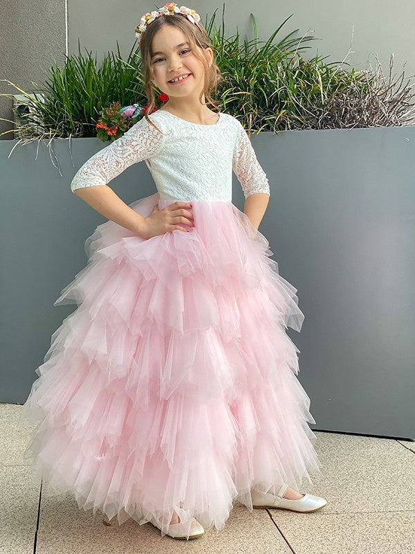 A-Line/Princess Tulle Lace Scoop 3/4 Sleeves Ankle-Length Flower Girl Dresses TPP0007497